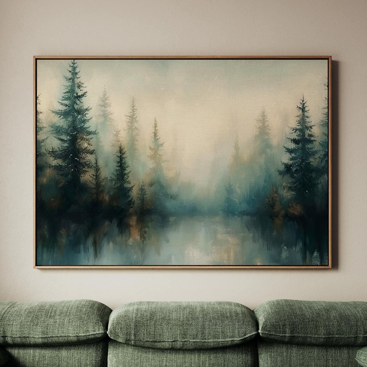Large Framed Misty Pine Tree Forest Wall Art Print, Moody Green Woodland Landscape Canvas Decor, Minimalist Scandinavian
