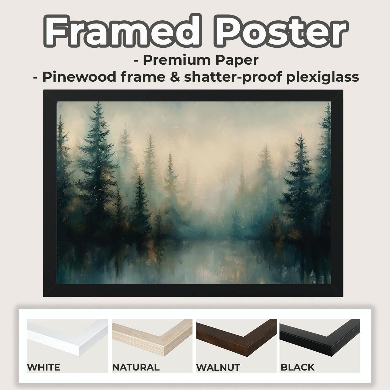 Moody Green Woodland Landscape Large Framed Misty Pine Tree Forest Canvas Art, Minimalist Scandinavian Nature Bedroom De