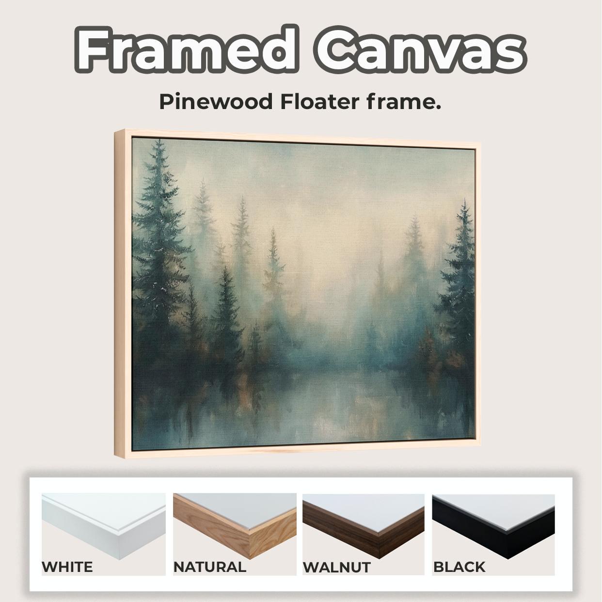 Moody Green Woodland Landscape Large Framed Misty Pine Tree Forest Canvas Art, Minimalist Scandinavian Nature Bedroom De