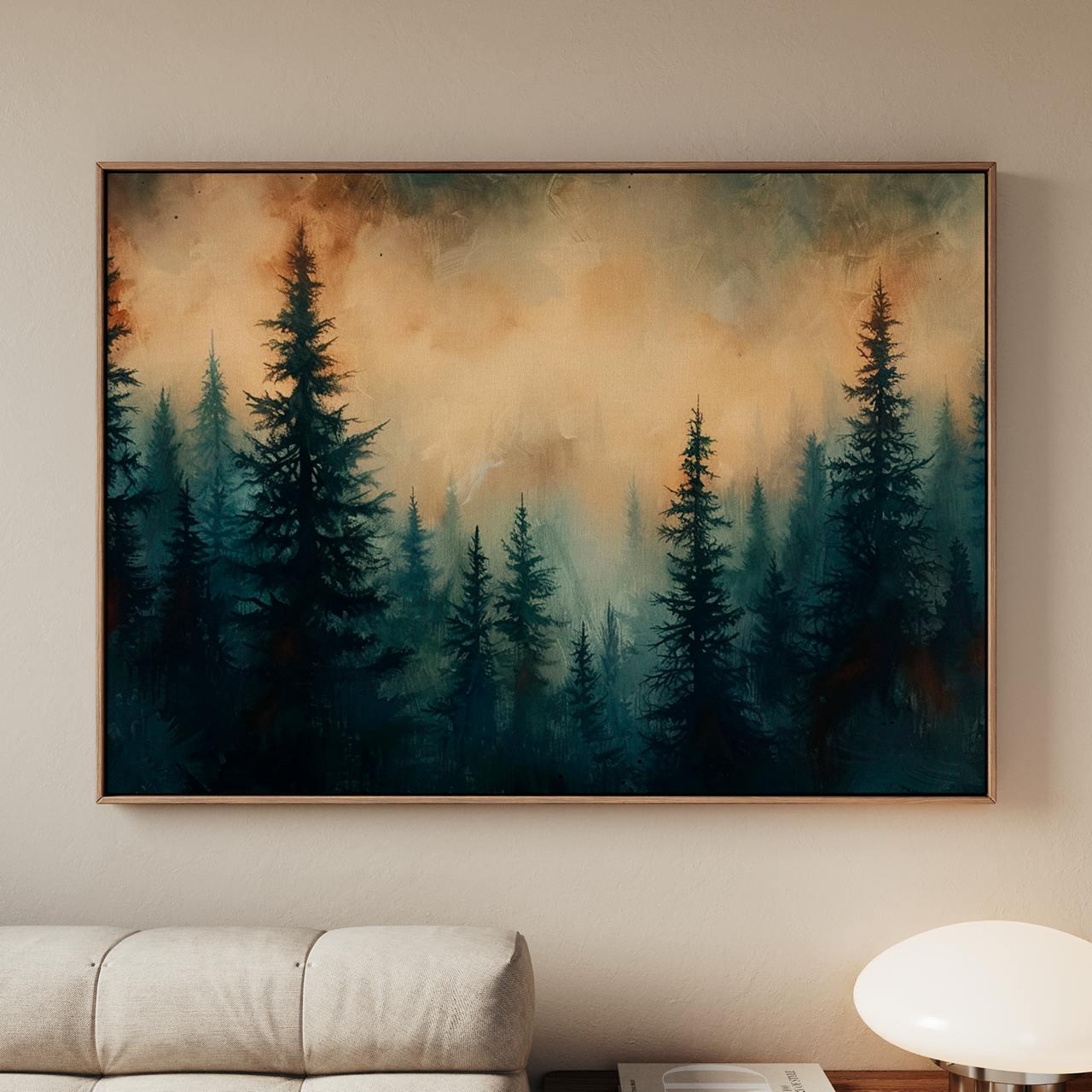 Moody Green Woodland Landscape Large Framed Misty Pine Tree Forest Canvas Art, Minimalist Scandinavian Nature Bedroom De