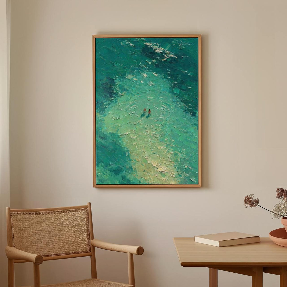 Blue Abstract Oil Painting Print, Two People Swimming Turquoise Canvas, Blue Minimalist Art, Blue Wall Art Bedroom Decor