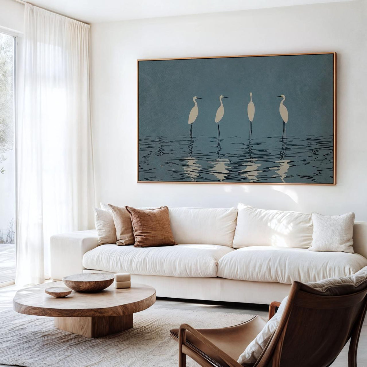 Minimalist Crane Wall Art Large Framed Heron Canvas Print, Elegant White Birds Deep Blue, Modern Nature Decor Living Roo