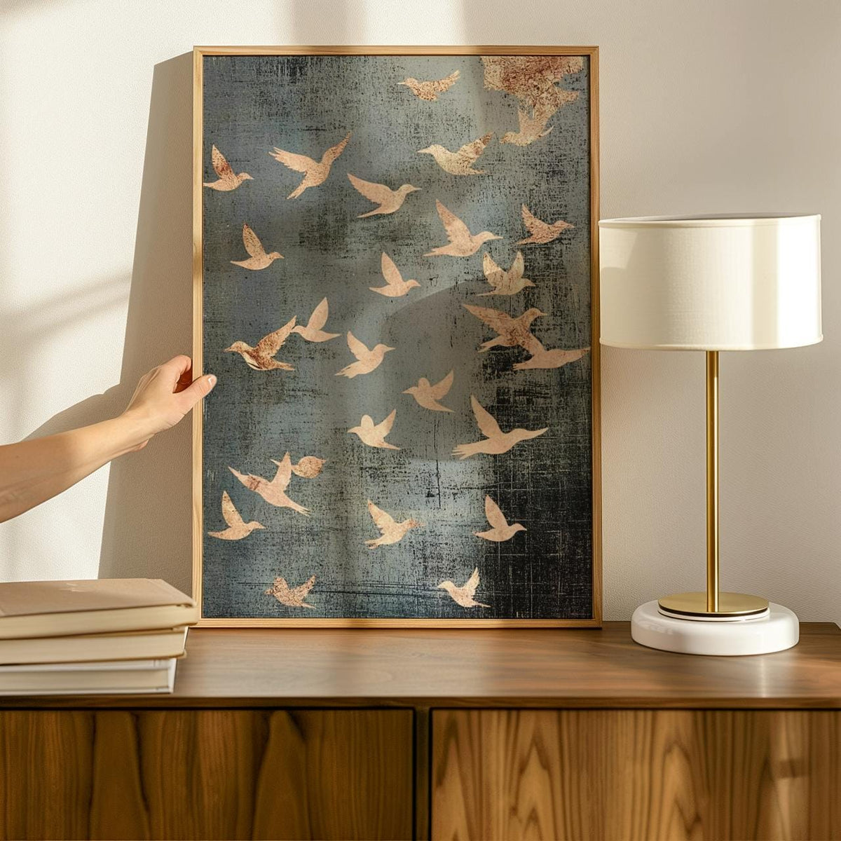 Flock of Flying Birds Framed Canvas Wall Art Print, Minimalist Spiritual Home Decor, Modern Japandi Artwork Large Abstra