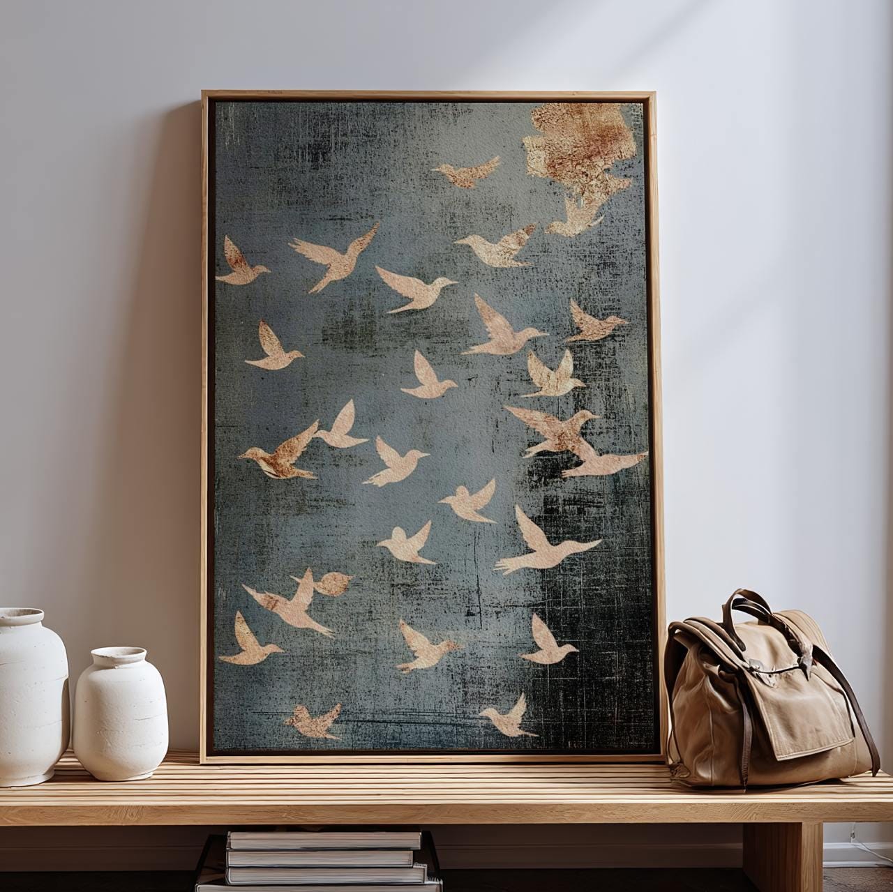 Flock of Flying Birds Framed Canvas Wall Art Print, Minimalist Spiritual Home Decor, Modern Japandi Artwork Large Abstra