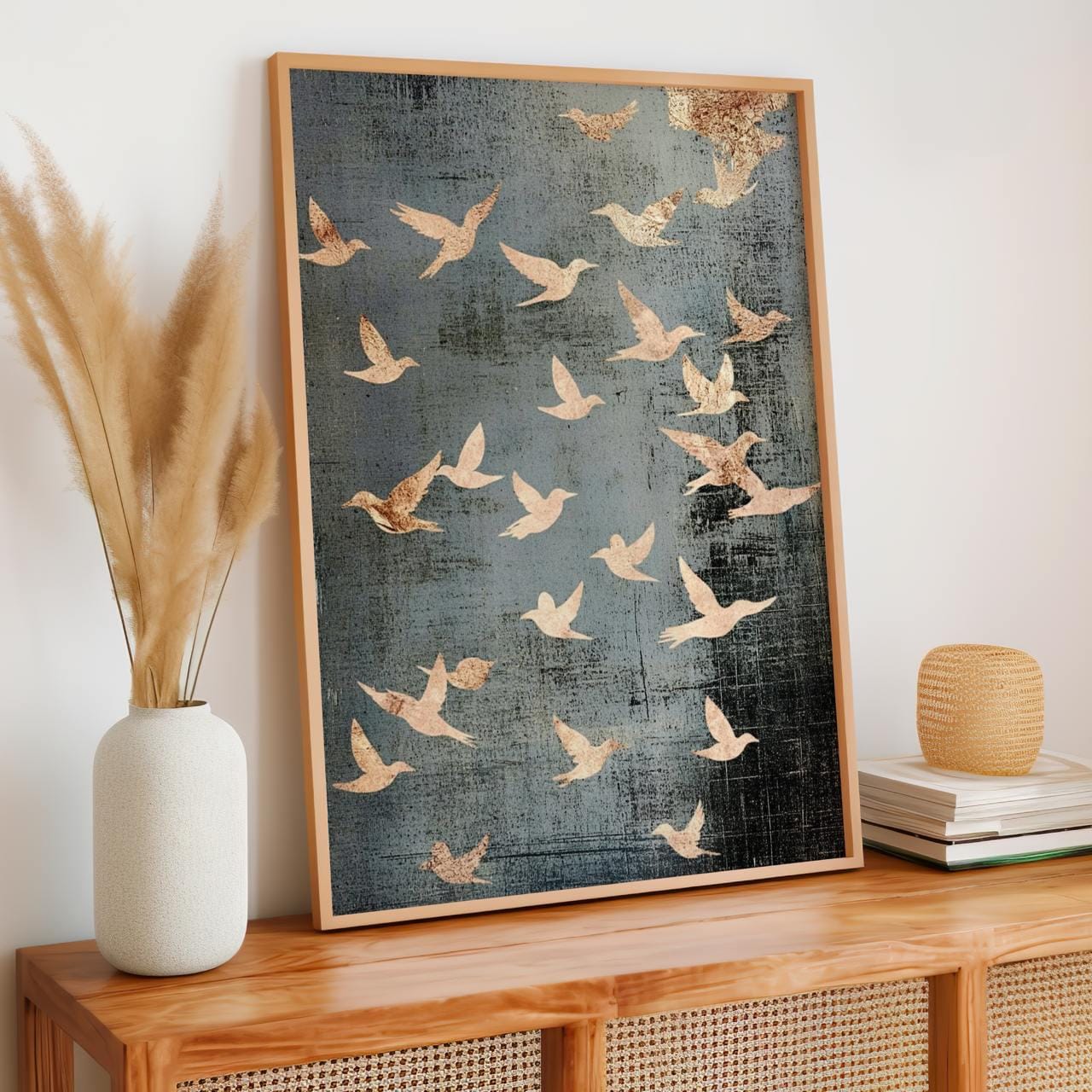 Flock of Flying Birds Framed Canvas Wall Art Print, Minimalist Spiritual Home Decor, Modern Japandi Artwork Large Abstra