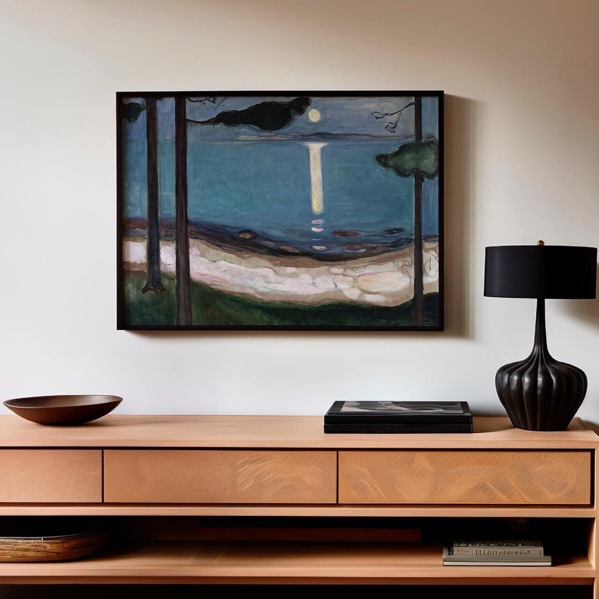 Edvard Munch - Moonlight 1895 - Norwegian Fjord Canvas Print, Blue Night Sea Reflection Art, Dark Trees Scenic Expressio
