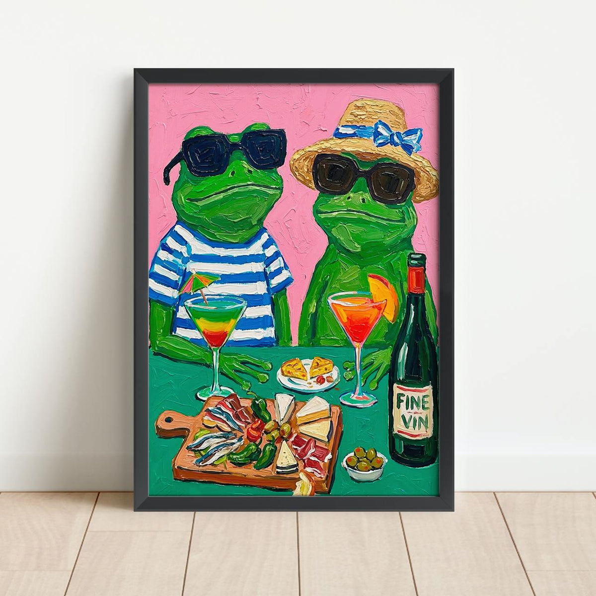 Frog Cocktail Party Art Print, Quirky Animal Poster With Frogs And Cocktail, Retro Colorful Wall Art, Playful Dining Roo