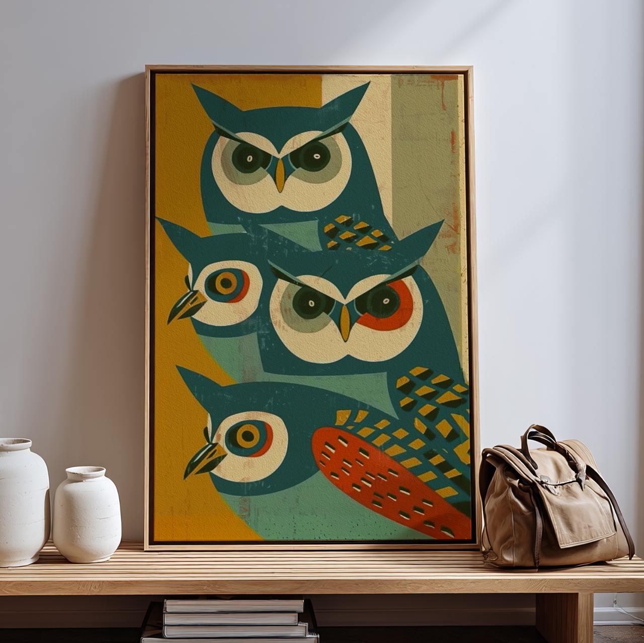 Mid-Century Owl Art Print, Retro Blue Owl Poster, Minimalist Animal Illustration, Vintage Wall Decor, Modern Graphic Art