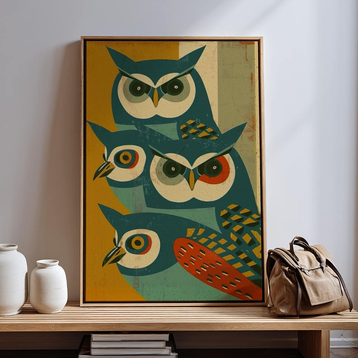 Mid-Century Owl Art Print, Retro Blue Owl Poster, Minimalist Animal Illustration, Vintage Wall Decor, Modern Graphic Art
