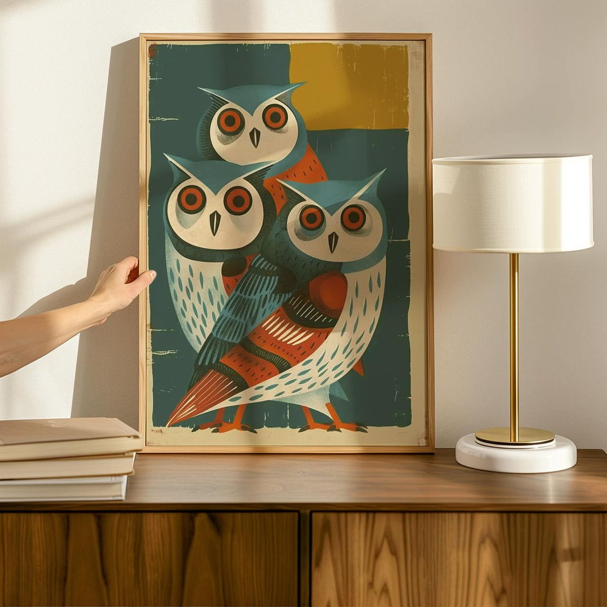 Mid-Century Owl Art Print, Retro Blue Owls Poster, Minimalist Animal Illustration, Vintage Wall Decor, Modern Graphic Ar
