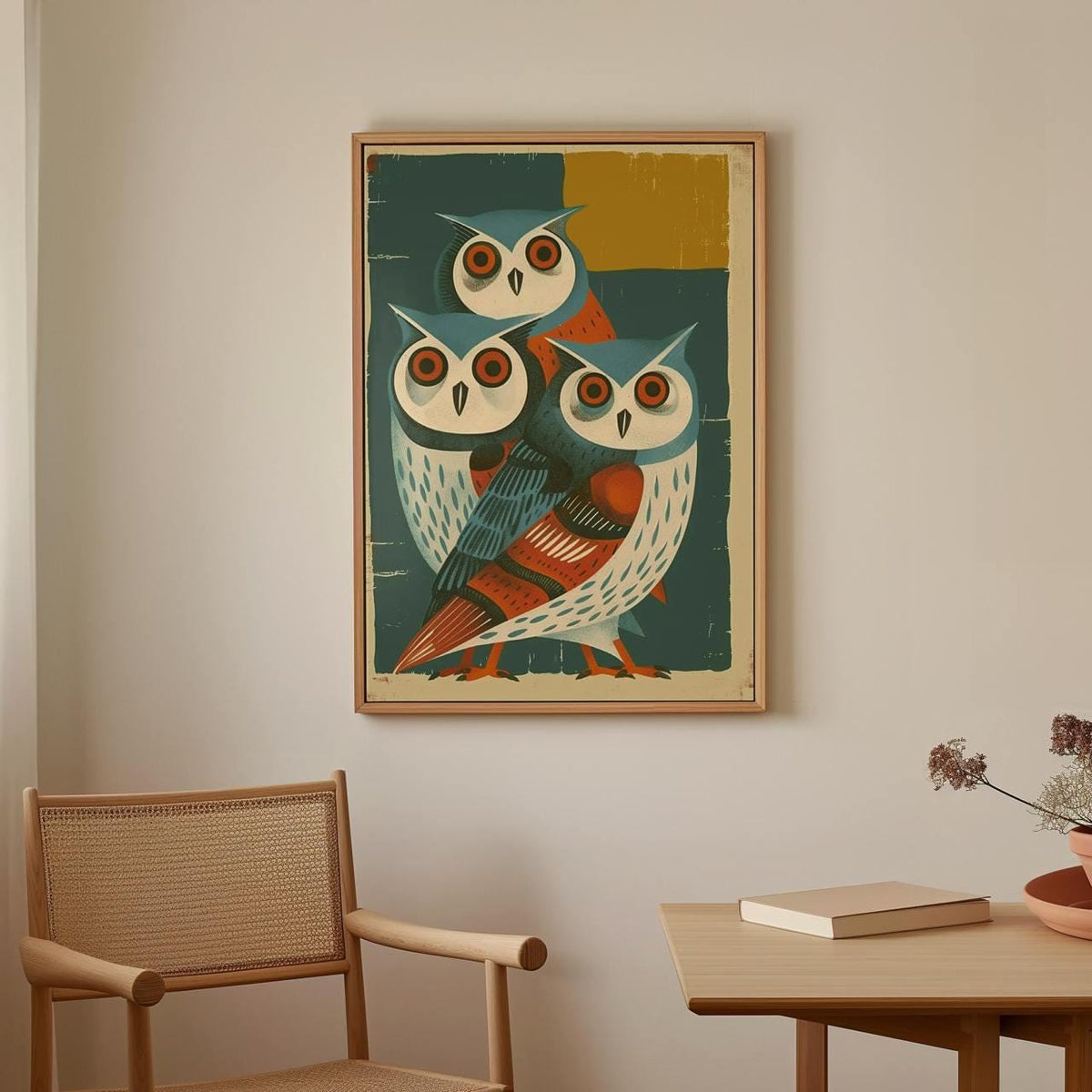 Mid-Century Owl Art Print, Retro Blue Owls Poster, Minimalist Animal Illustration, Vintage Wall Decor, Modern Graphic Ar