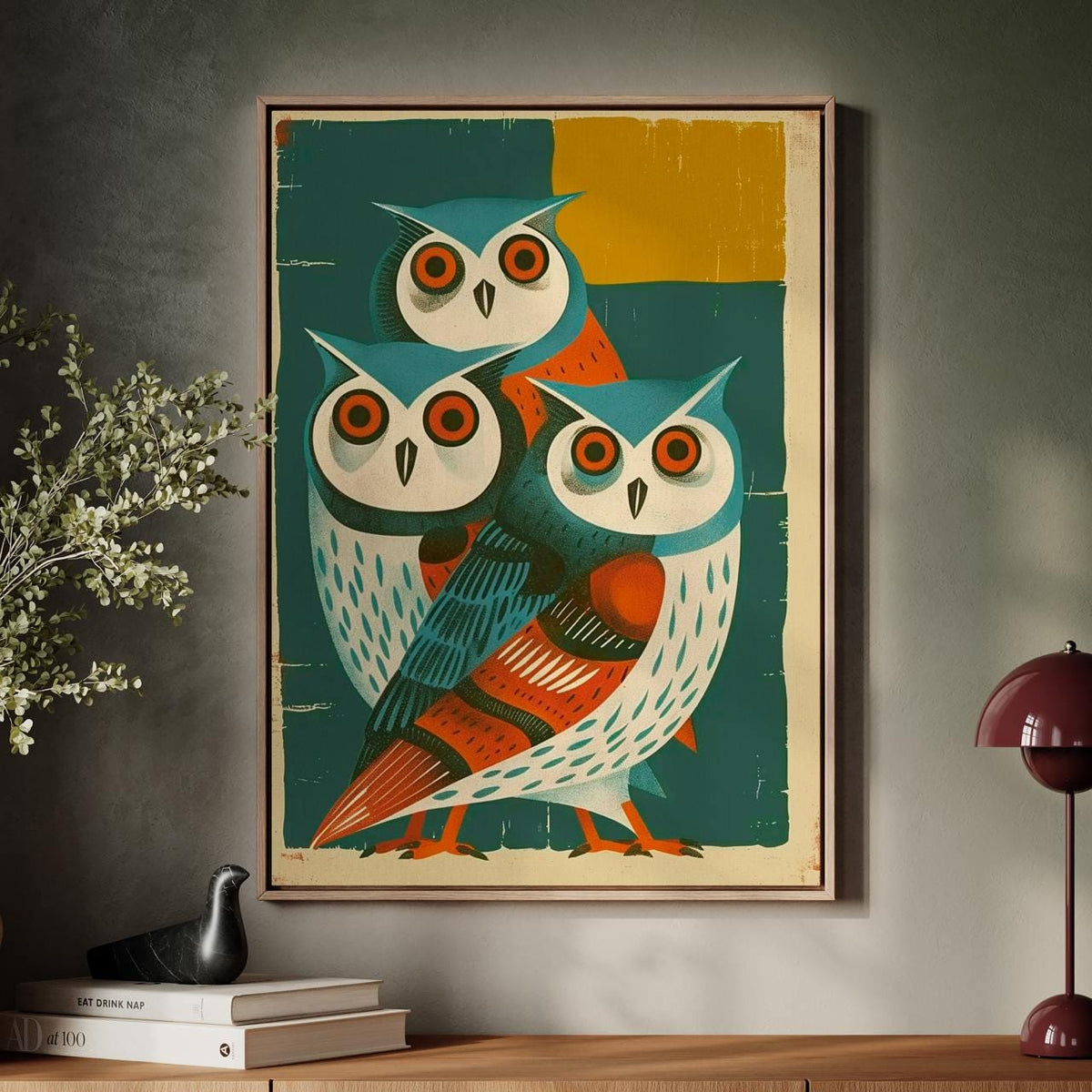 Mid-Century Owl Art Print, Retro Blue Owls Poster, Minimalist Animal Illustration, Vintage Wall Decor, Modern Graphic Ar