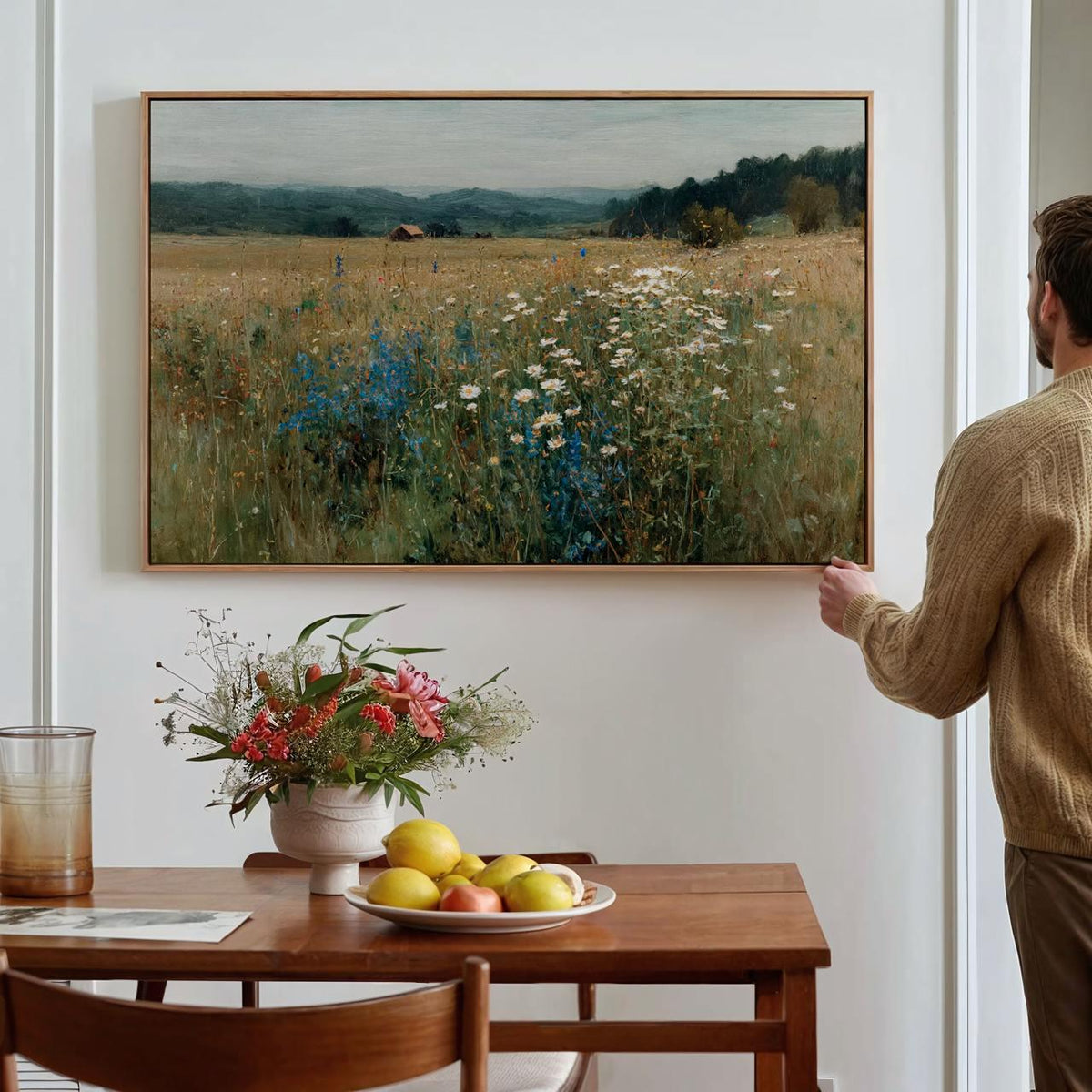 Vintage Wildflower Meadow Framed Canvas Print Art, Botanical Floral Large Wall Decor, Modern Home Rustic Panoramic Lands