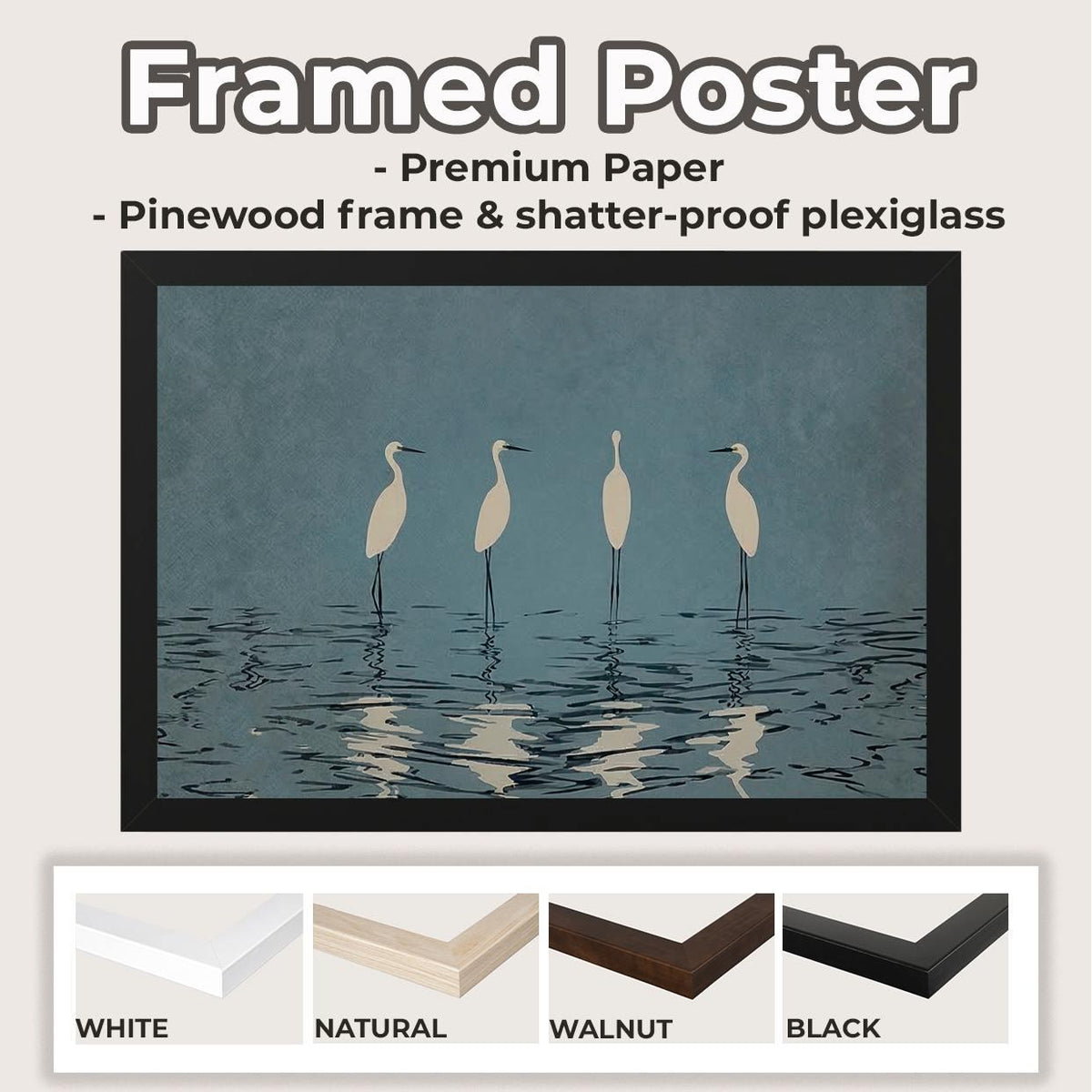 Minimalist Crane Wall Art Large Framed Heron Canvas Print, Elegant White Birds Deep Blue, Modern Nature Decor Living Roo