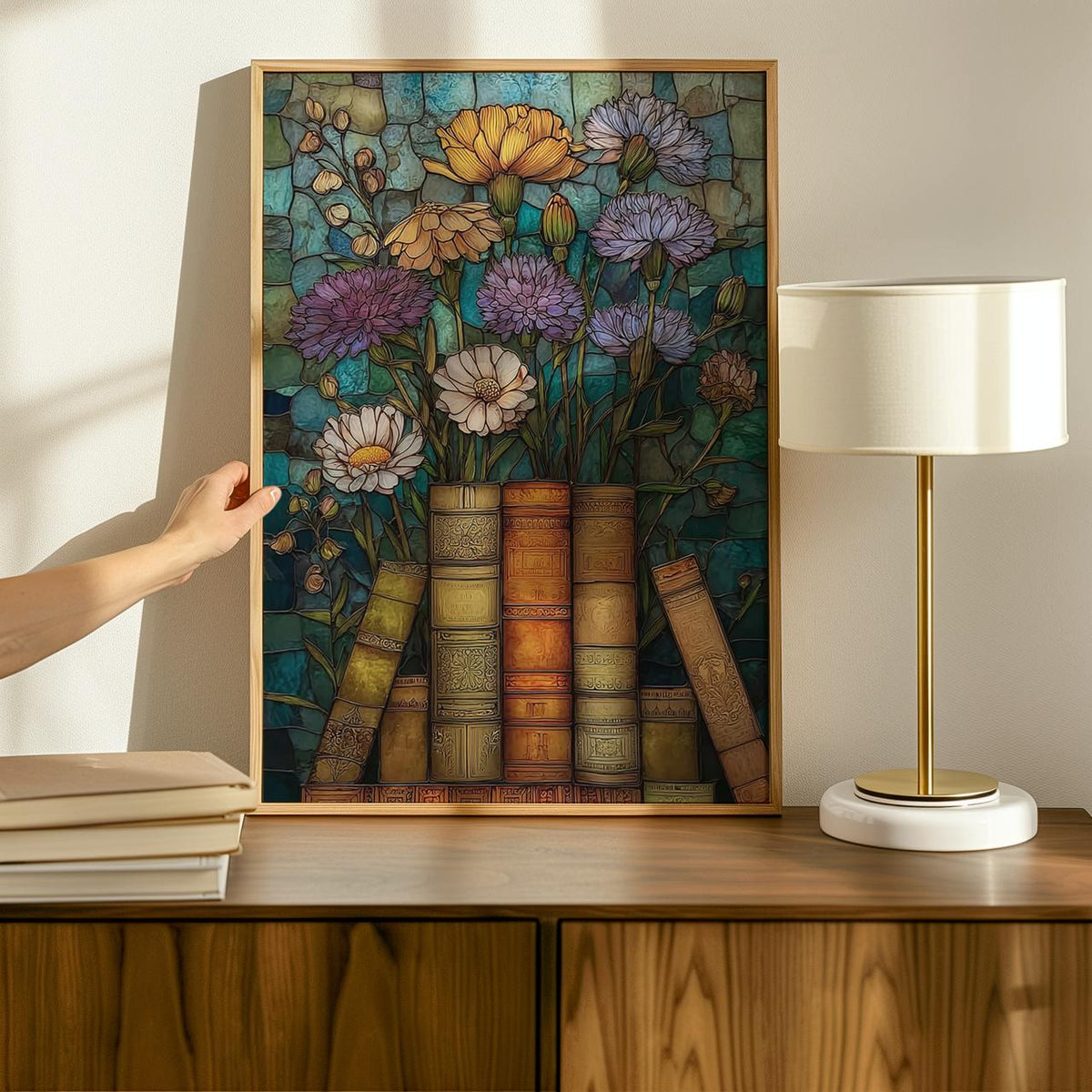 Book Lover Wildflower Poster Print, Stained Glass Floral Wall Art, Artful Trendy Vintage Decor, Light Academia Matte Pos