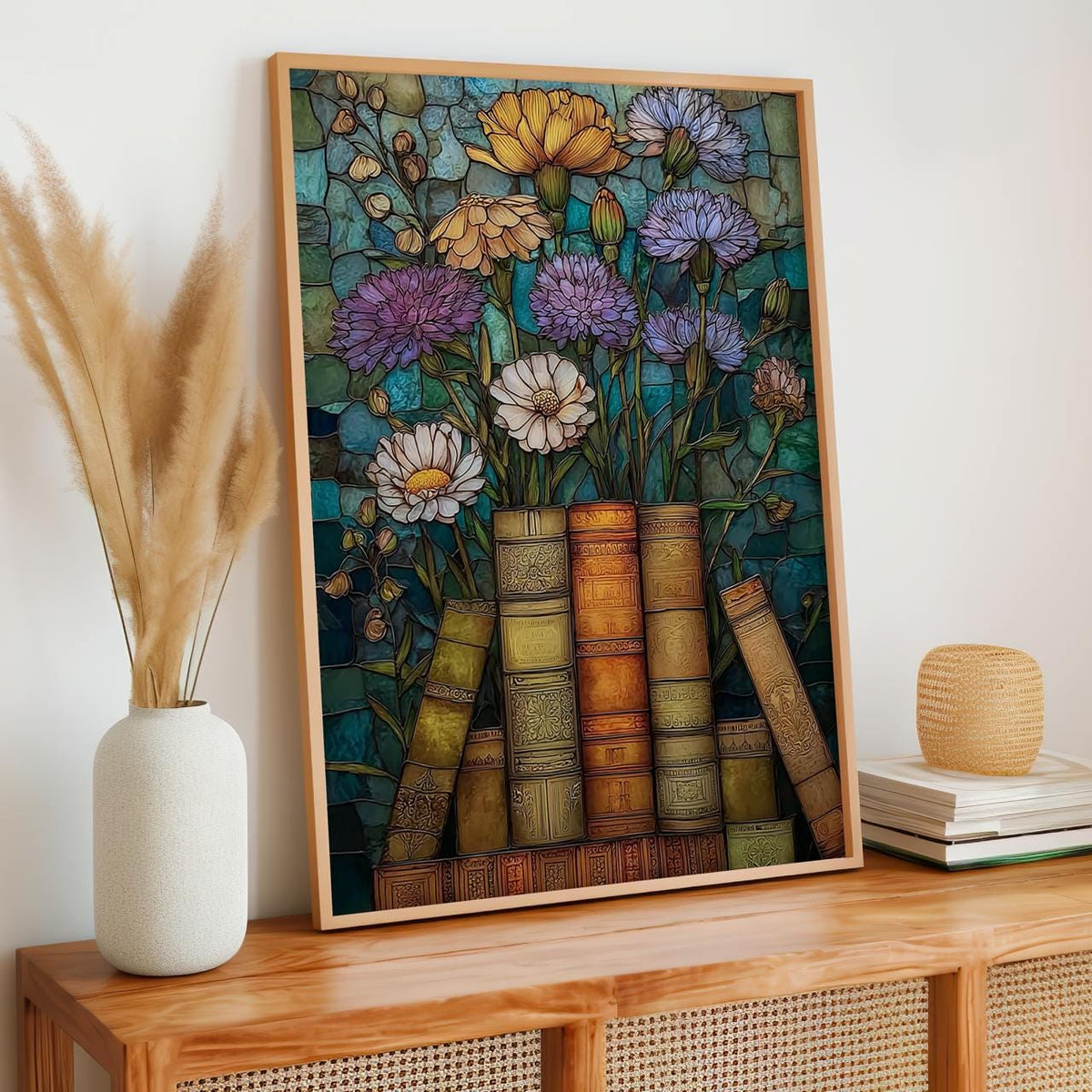 Book Lover Wildflower Poster Print, Stained Glass Floral Wall Art, Artful Trendy Vintage Decor, Light Academia Matte Pos