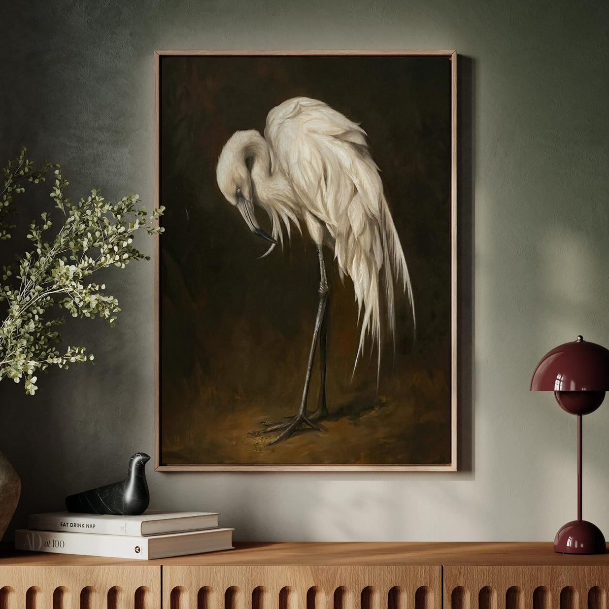 Vintage Egret Wall Art, Framed White Bird Canvas Print, Elegant Wildlife Painting On Dark Background For Living Room Or