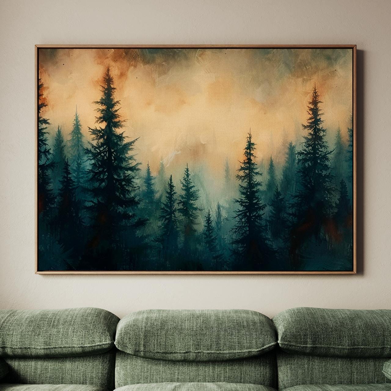 Moody Green Woodland Landscape Large Framed Misty Pine Tree Forest Canvas Art, Minimalist Scandinavian Nature Bedroom De