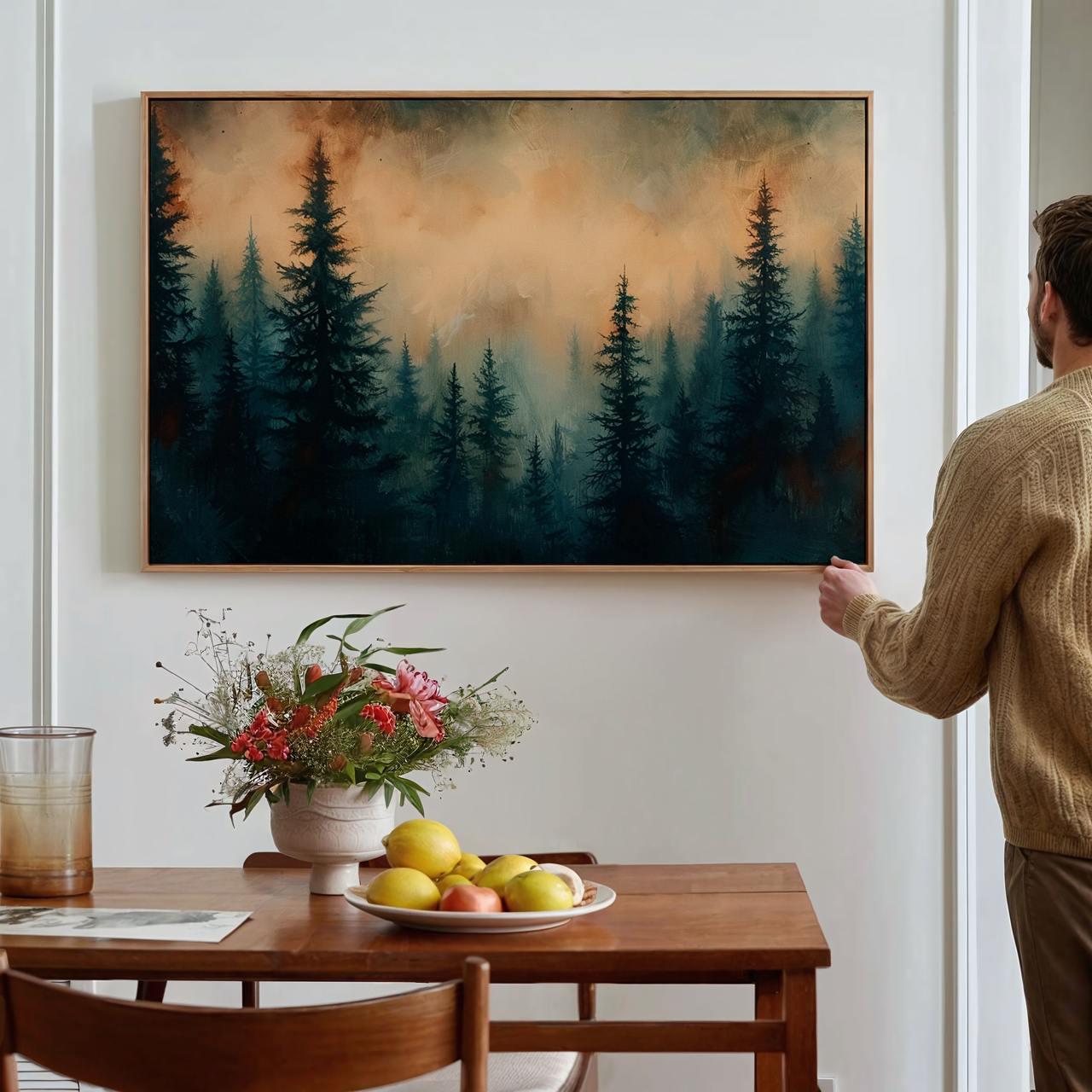 Moody Green Woodland Landscape Large Framed Misty Pine Tree Forest Canvas Art, Minimalist Scandinavian Nature Bedroom De