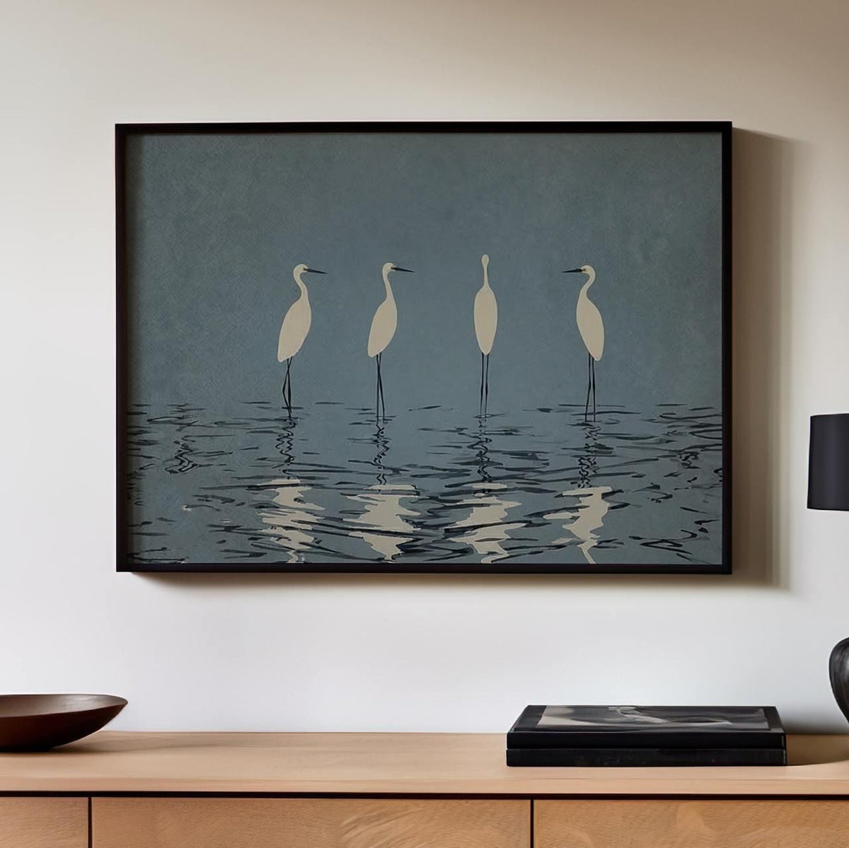 Minimalist Crane Wall Art Large Framed Heron Canvas Print, Elegant White Birds Deep Blue, Modern Nature Decor Living Roo