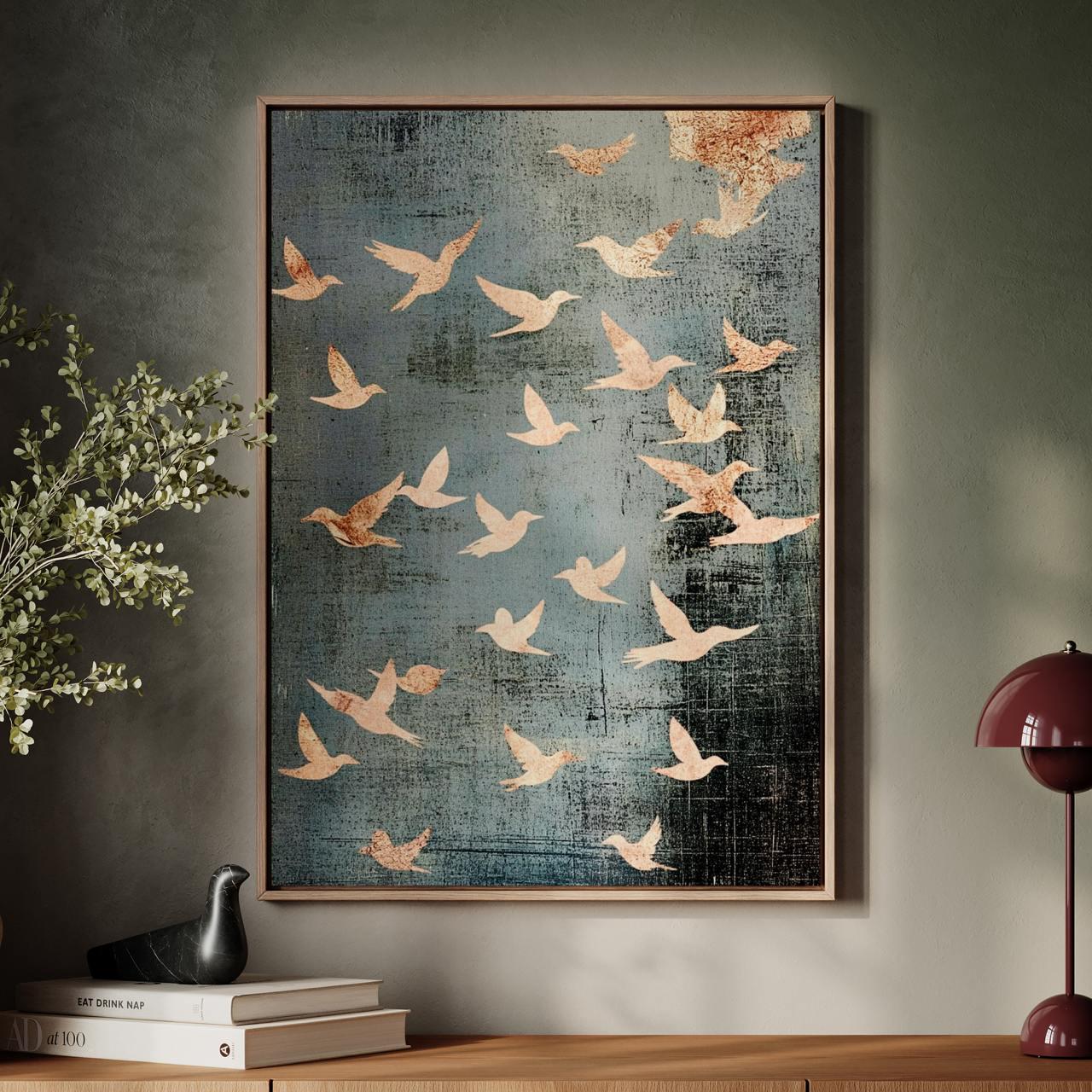 Flock of Flying Birds Framed Canvas Wall Art Print, Minimalist Spiritual Home Decor, Modern Japandi Artwork Large Abstra