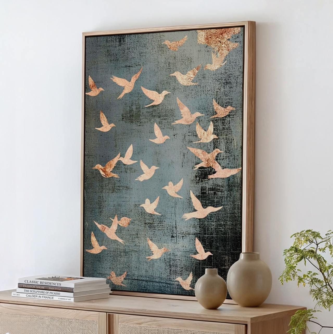 Flock of Flying Birds Framed Canvas Wall Art Print, Minimalist Spiritual Home Decor, Modern Japandi Artwork Large Abstra