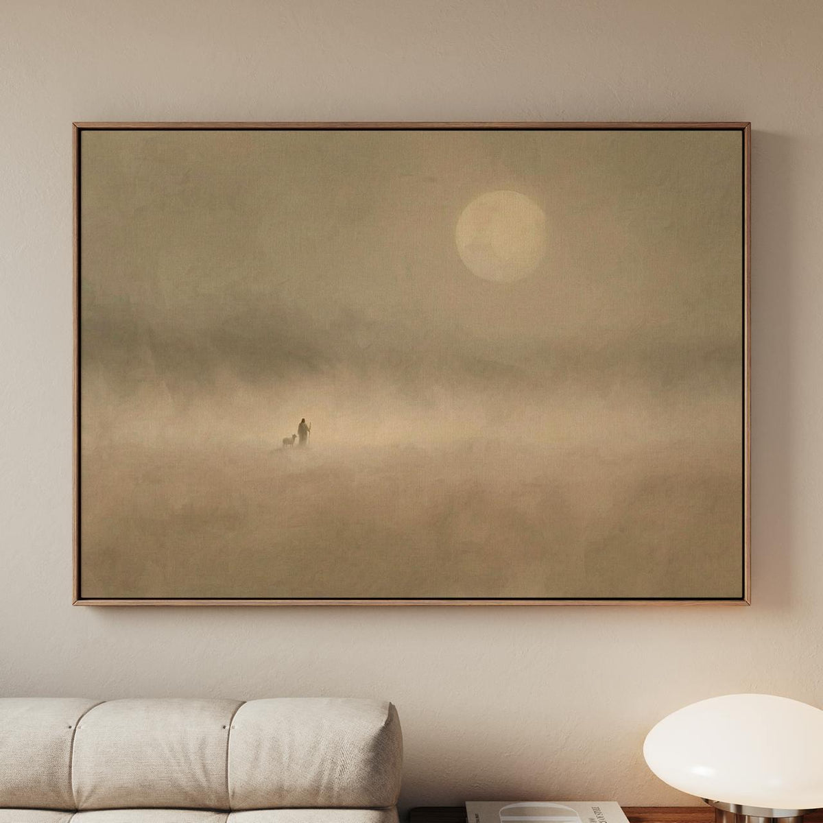 Jesus And Sheep Wall Art, Large Framed Minimalist Christian Canvas Print, Pastoral Abstract Landscape In Soft Neutrals C