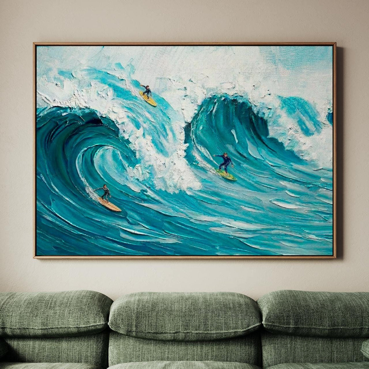 Frame Happy Coast Painting Custom Swimming Surfing Texture Wall Art, Personalized Summer Coastal Crowds Shore Painting G