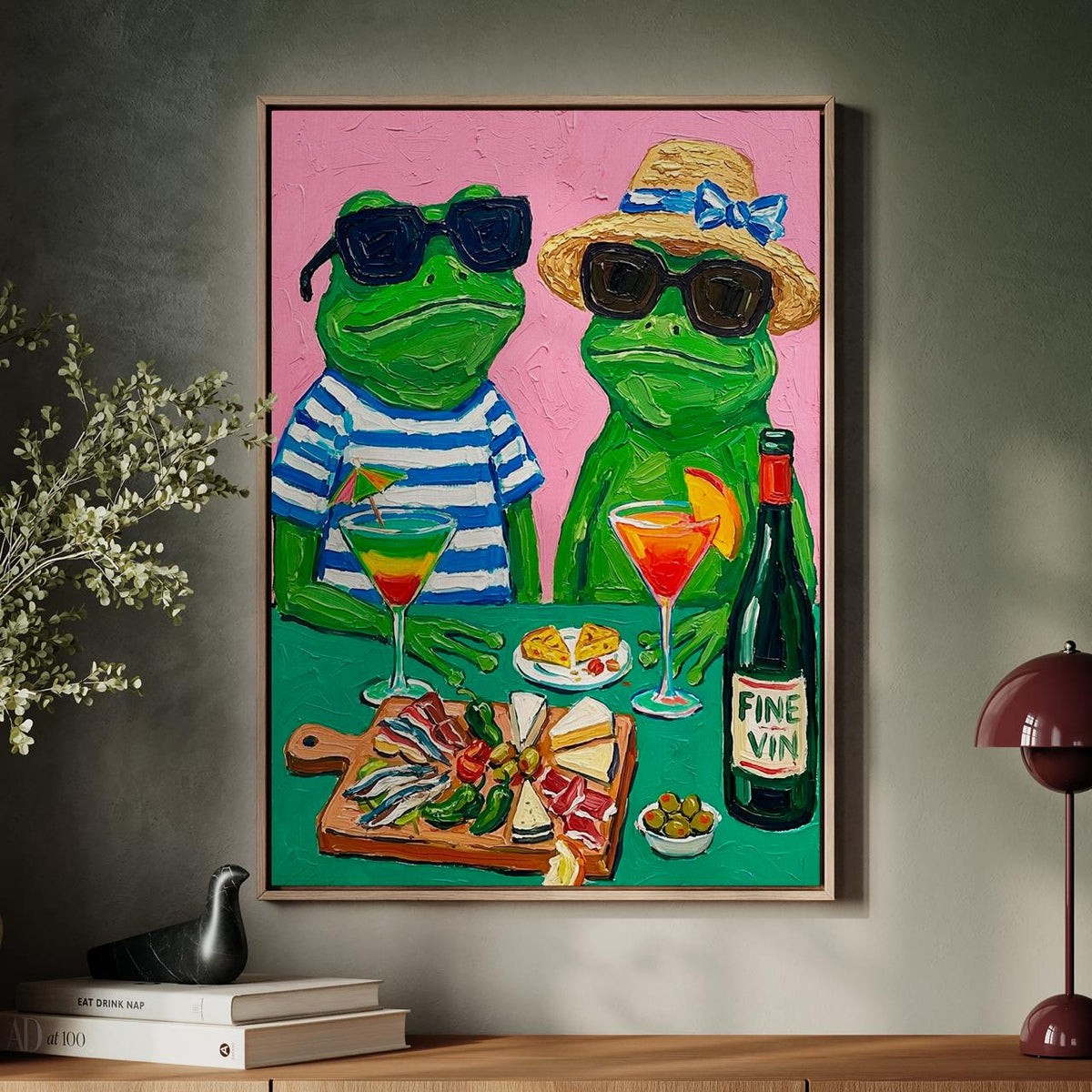 Frog Cocktail Party Art Print, Quirky Animal Poster With Frogs And Cocktail, Retro Colorful Wall Art, Playful Dining Roo