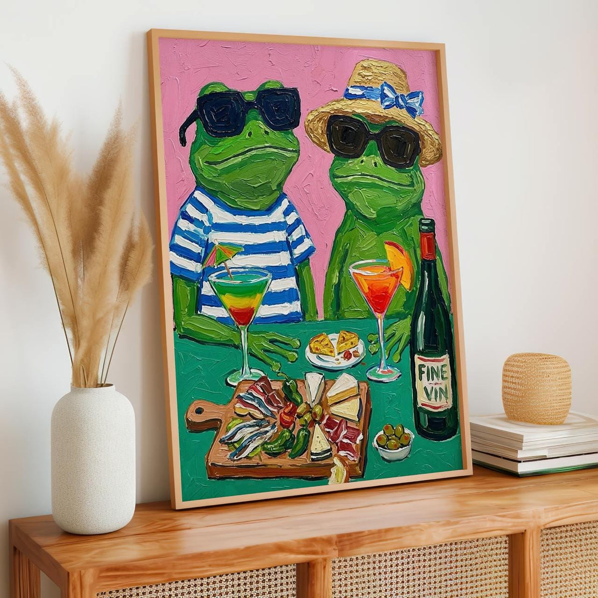 Frog Cocktail Party Art Print, Quirky Animal Poster With Frogs And Cocktail, Retro Colorful Wall Art, Playful Dining Roo