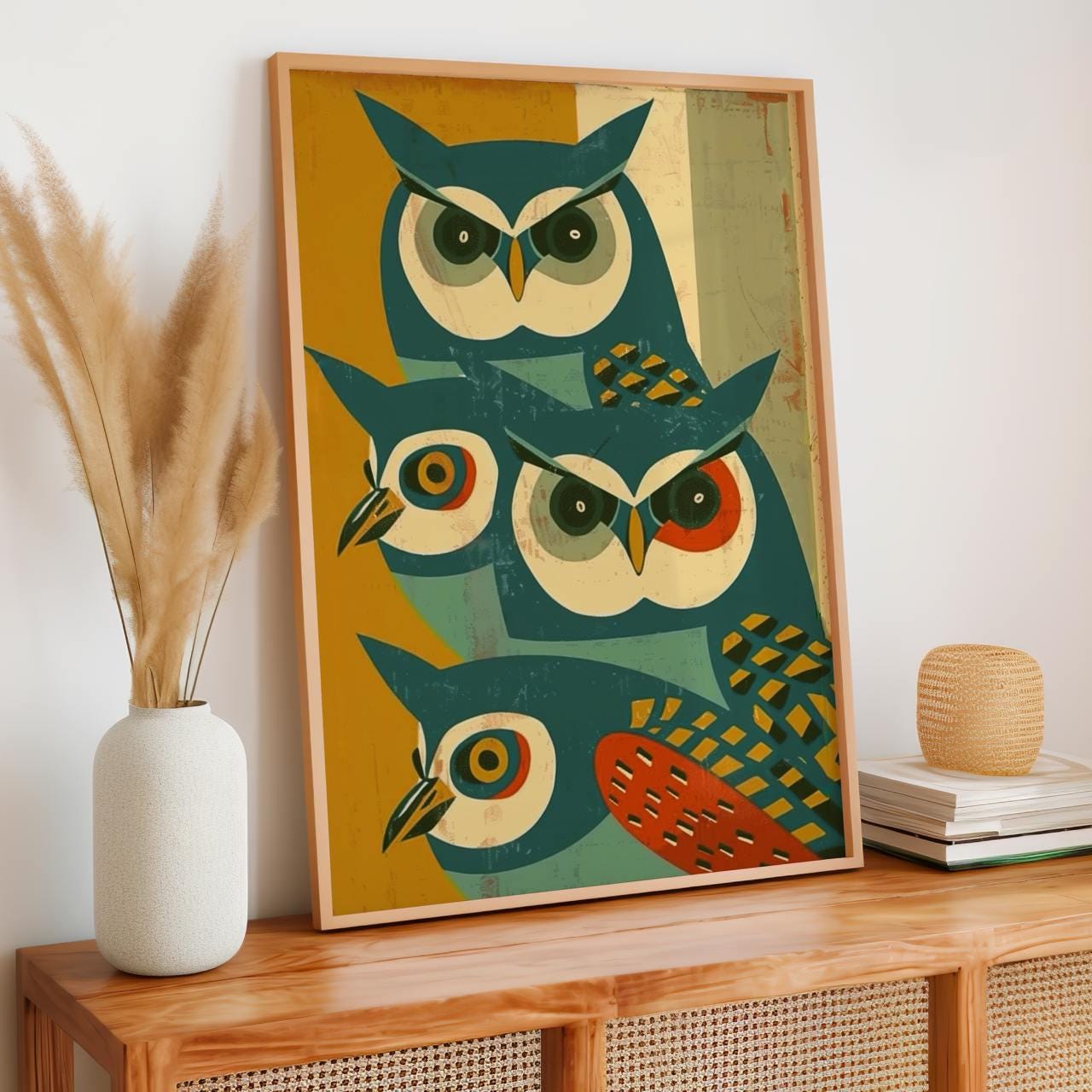Mid-Century Owl Art Print, Retro Blue Owl Poster, Minimalist Animal Illustration, Vintage Wall Decor, Modern Graphic Art