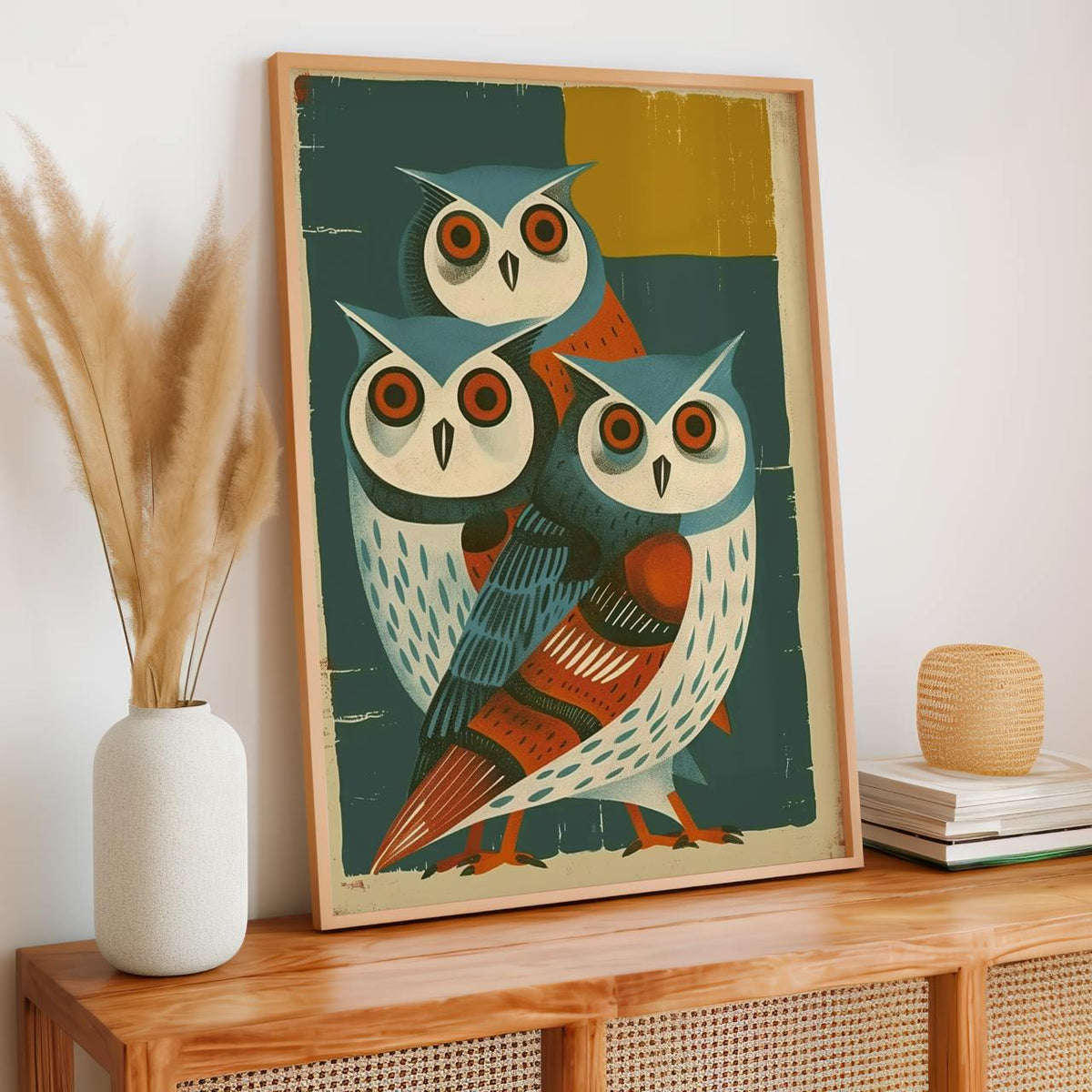 Mid-Century Owl Art Print, Retro Blue Owls Poster, Minimalist Animal Illustration, Vintage Wall Decor, Modern Graphic Ar
