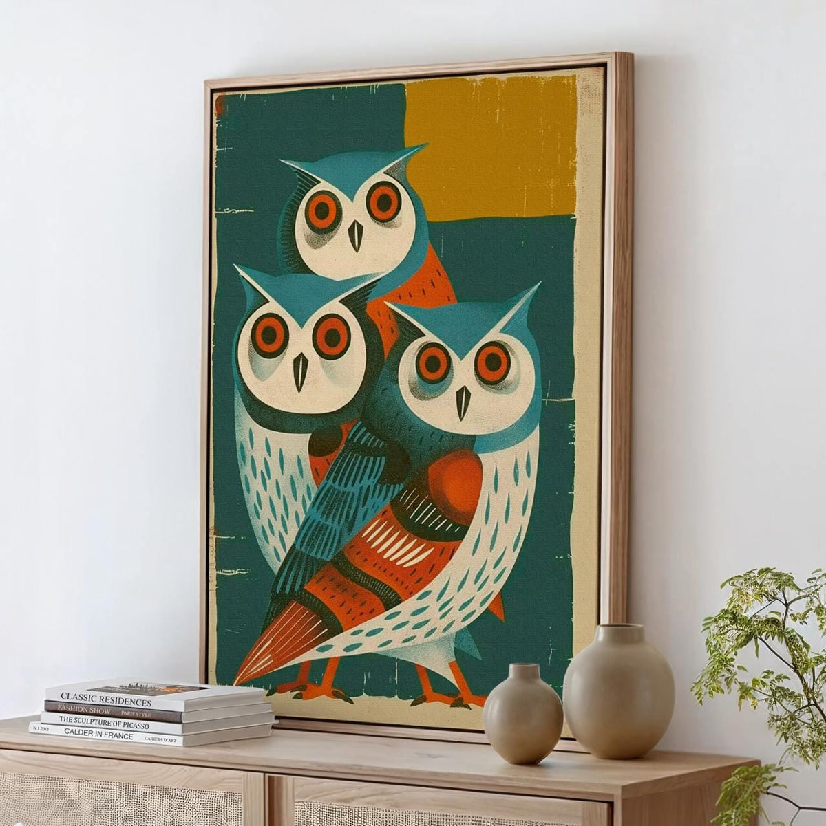 Mid-Century Owl Art Print, Retro Blue Owls Poster, Minimalist Animal Illustration, Vintage Wall Decor, Modern Graphic Ar