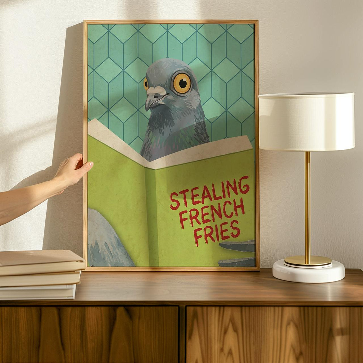 Funny Reading Pigeon Wall Art - Framed Cute Pigeon Poster, Toilet Humor Bathroom, Cheeky Laundry Room Decor, Trendy Gift