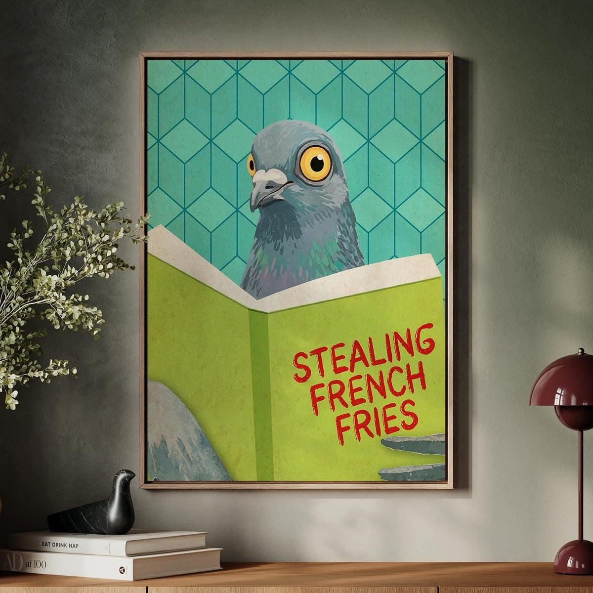 Funny Reading Pigeon Wall Art - Framed Cute Pigeon Poster, Toilet Humor Bathroom, Cheeky Laundry Room Decor, Trendy Gift
