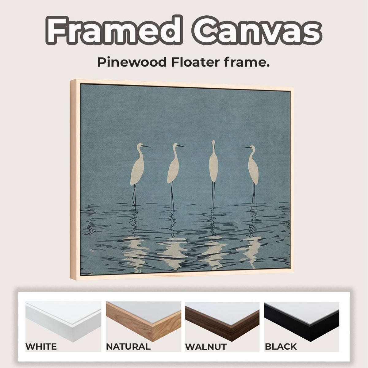 Minimalist Crane Wall Art Large Framed Heron Canvas Print, Elegant White Birds Deep Blue, Modern Nature Decor Living Roo