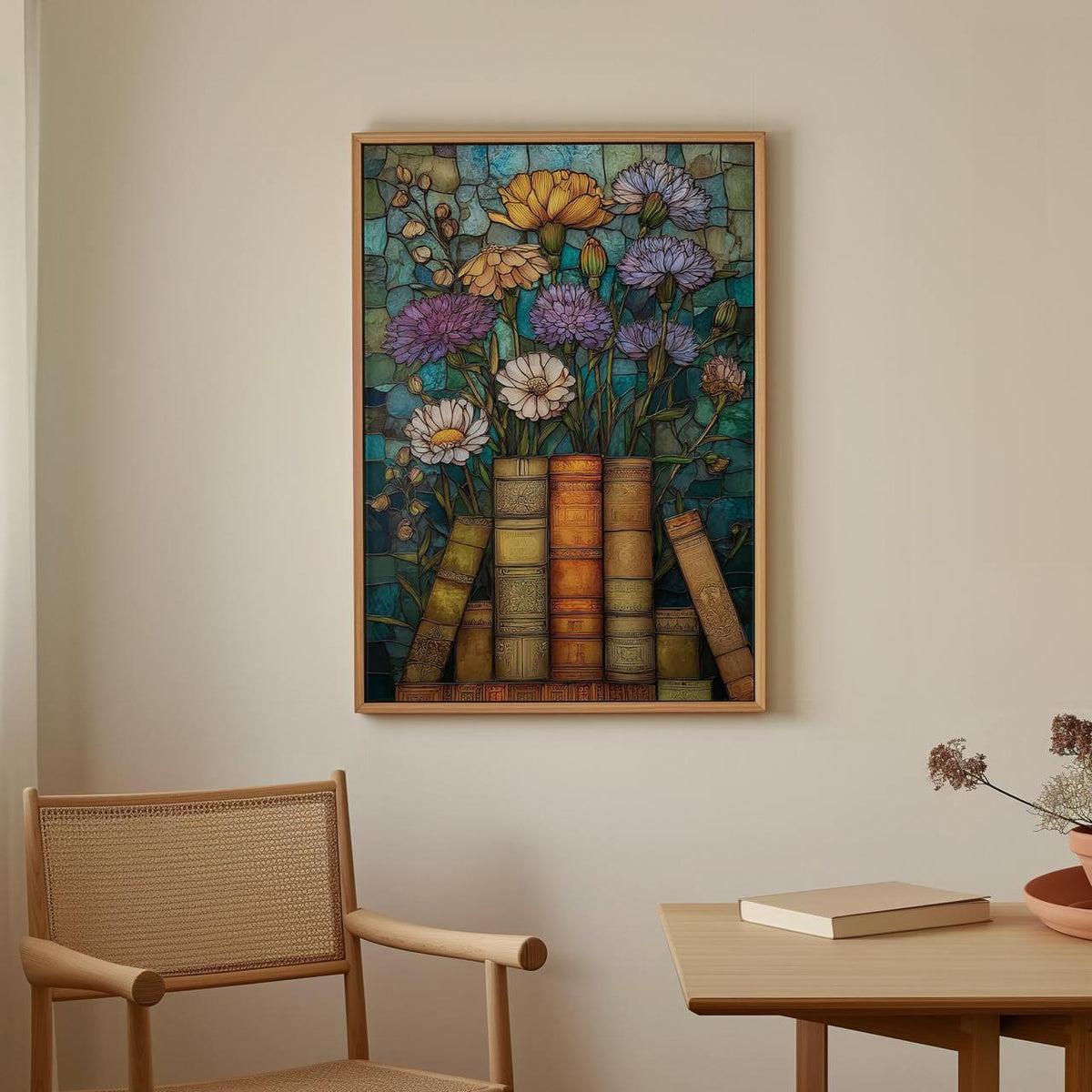 Book Lover Wildflower Poster Print, Stained Glass Floral Wall Art, Artful Trendy Vintage Decor, Light Academia Matte Pos