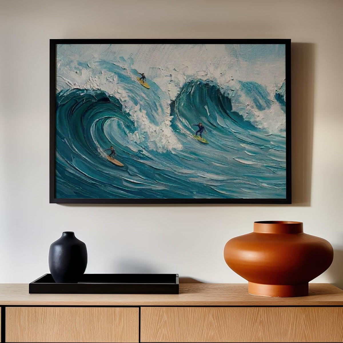 Frame Happy Coast Painting Custom Swimming Surfing Texture Wall Art, Personalized Summer Coastal Crowds Shore Painting G