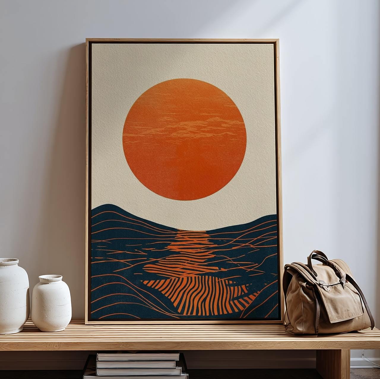 Mid Century Modern Sun Wall Art, Framed Bauhaus Canvas Print, Abstract Wave Geometric Poster Minimalist Living Room Deco