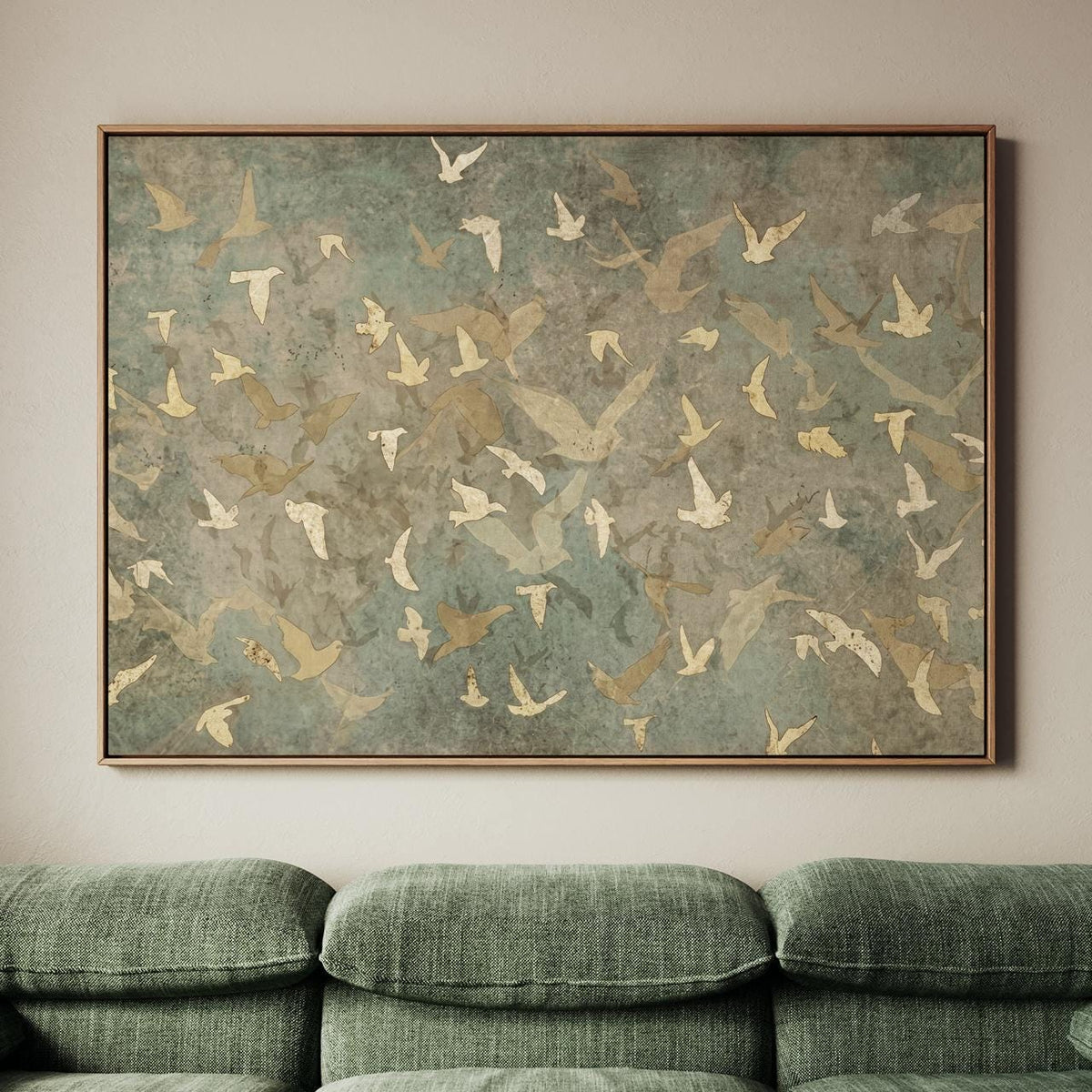 Framed Flock Of Birds Canvas Print, Oversized Minimalist Silhouette Wall Art, Neutral Boho Nature Decor Living Room, ART