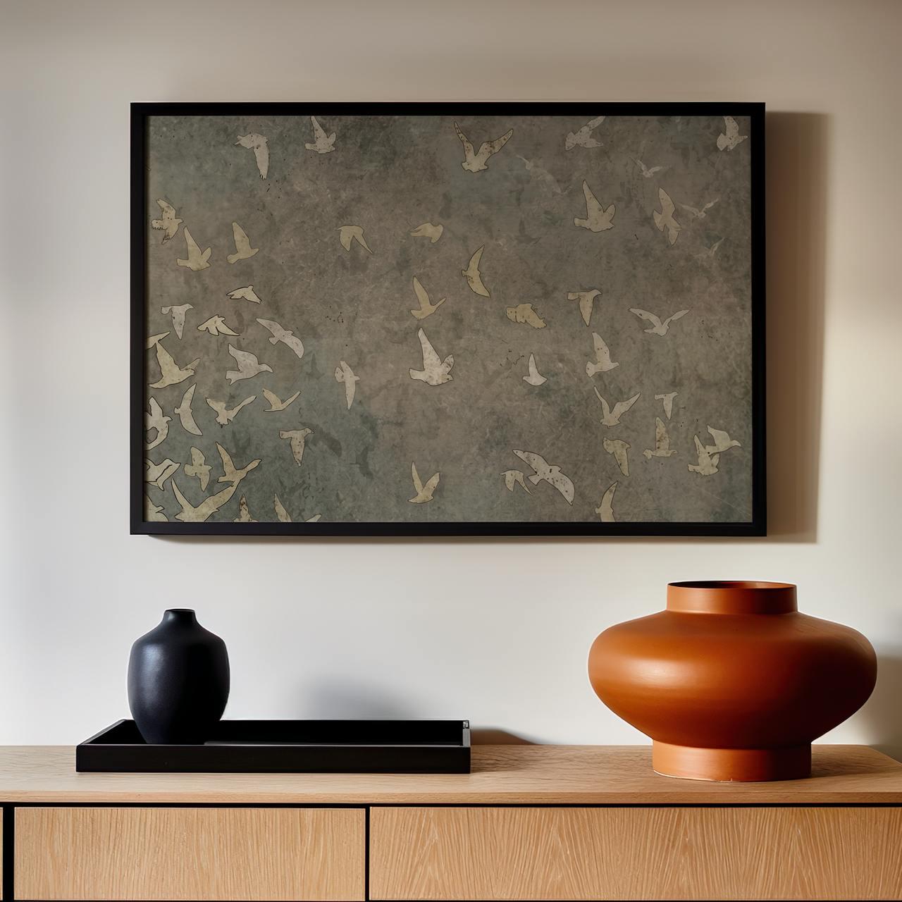 Minimalist Flying Birds Silhouette Poster, Large Neutral Canvas Wall Art, Abstract Vintage Farmhouse Living Decor, ART16