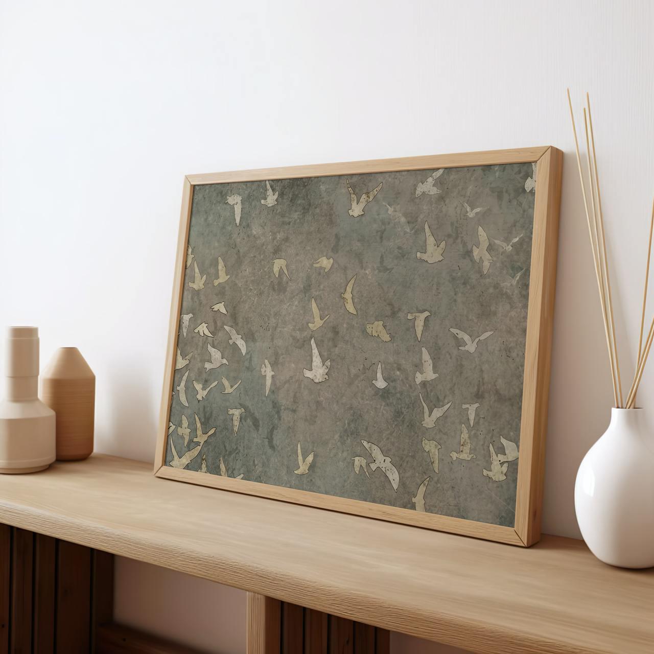 Minimalist Flying Birds Silhouette Poster, Large Neutral Canvas Wall Art, Abstract Vintage Farmhouse Living Decor, ART16