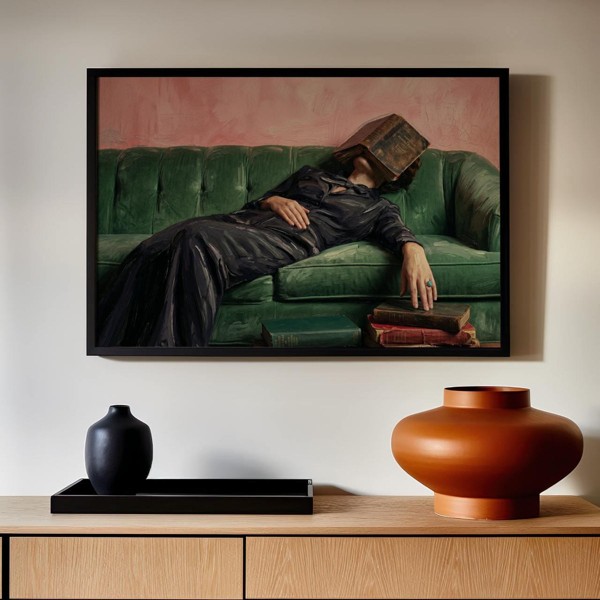 Cozy Woman Reading Couch Art, Vintage Inspired Oil Style, Quirky Home Decor, Maximalist Lounge Gift, ART262