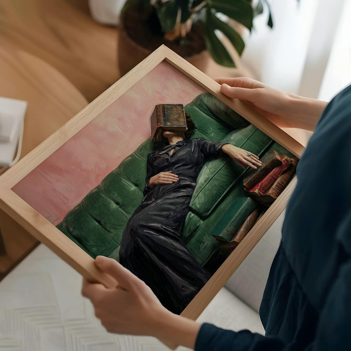 Cozy Woman Reading Couch Art, Vintage Inspired Oil Style, Quirky Home Decor, Maximalist Lounge Gift, ART262