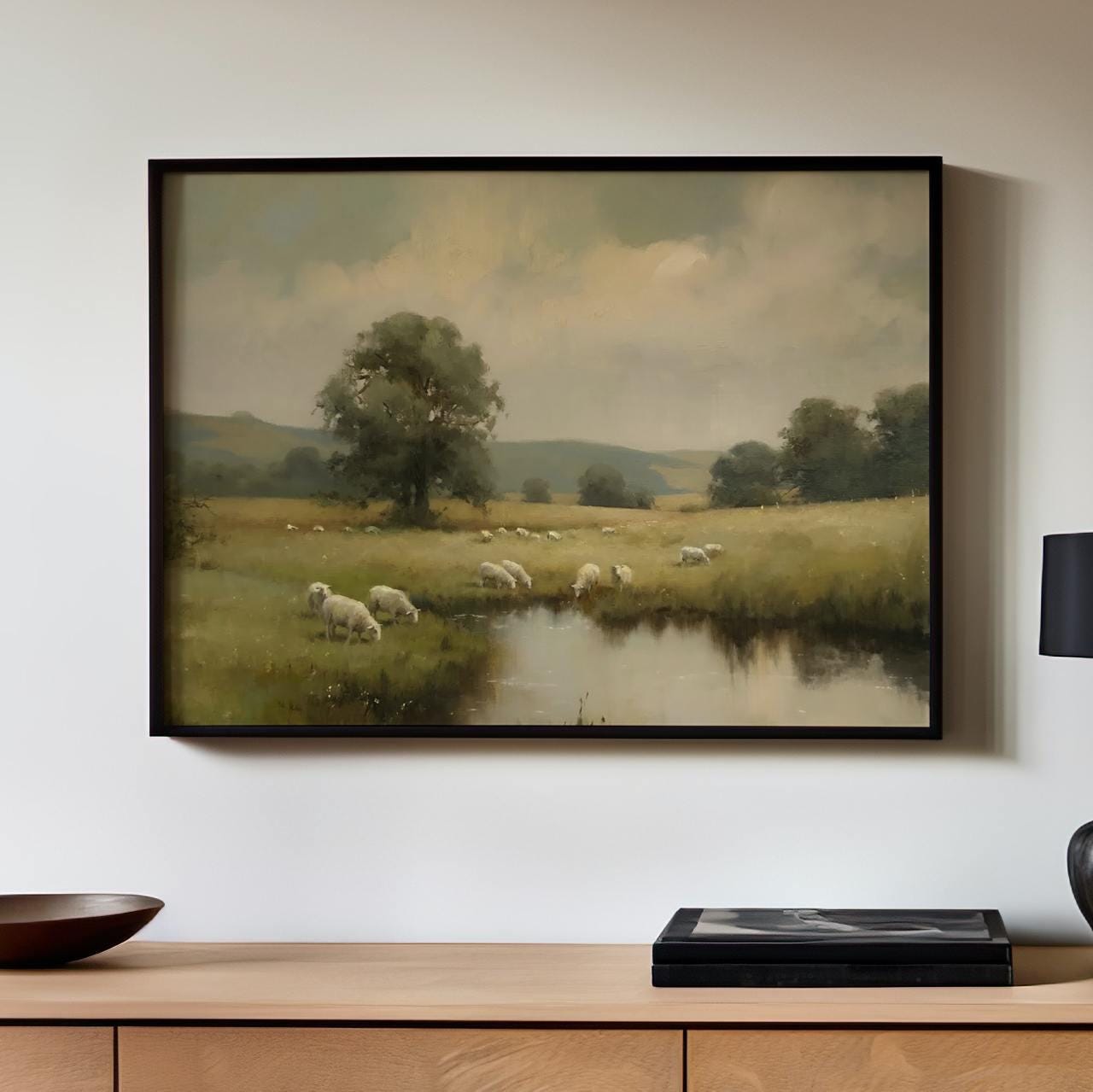 Christian Sheep In Pasture Print, Vintage Psalm 23 Landscape, Unframed Wall Art For Faith Filled Home Decor, ART288