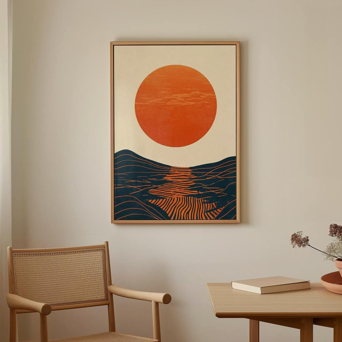 Mid Century Modern Sun Wall Art, Framed Bauhaus Canvas Print, Abstract Wave Geometric Poster Minimalist Living Room Deco