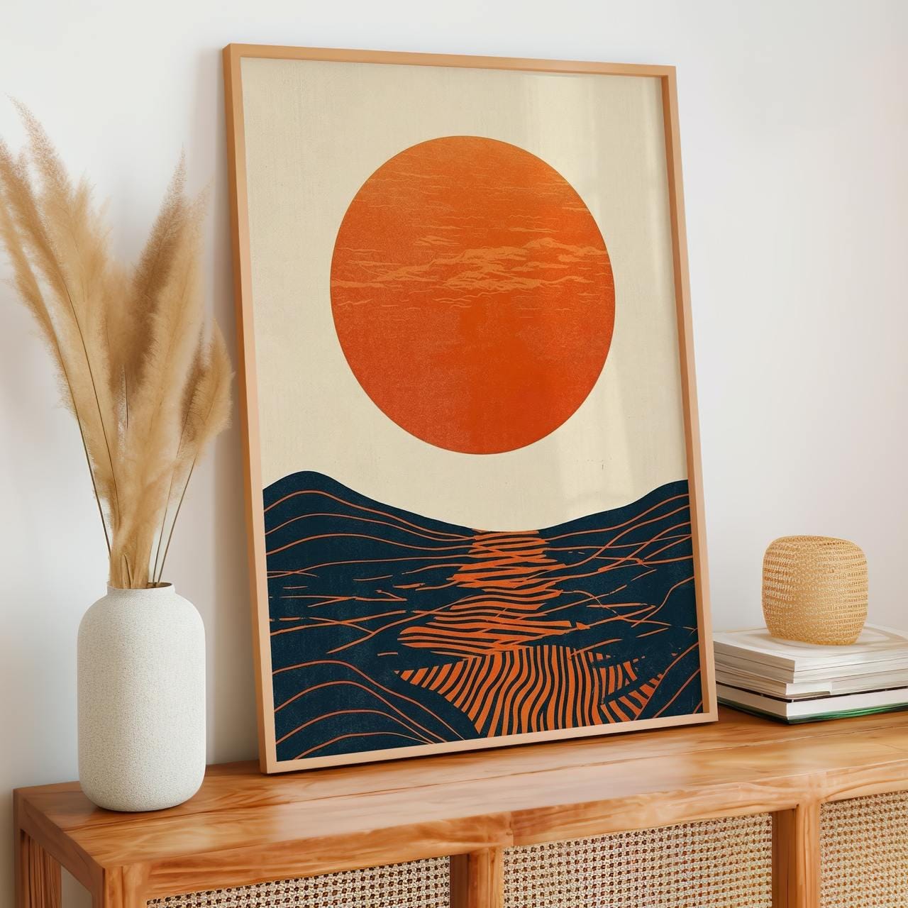 Mid Century Modern Sun Wall Art, Framed Bauhaus Canvas Print, Abstract Wave Geometric Poster Minimalist Living Room Deco