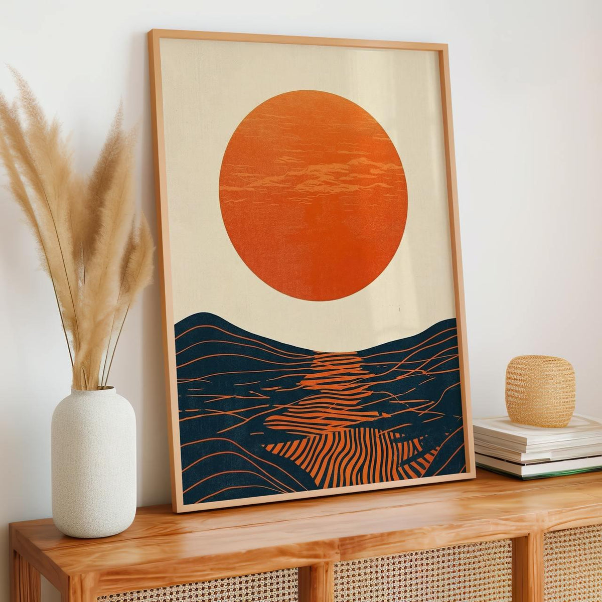 Mid Century Modern Sun Wall Art, Framed Bauhaus Canvas Print, Abstract Wave Geometric Poster Minimalist Living Room Deco