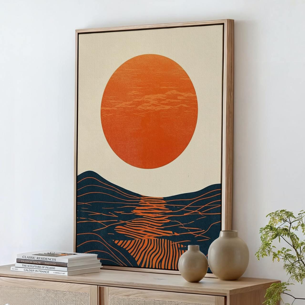 Mid Century Modern Sun Wall Art, Framed Bauhaus Canvas Print, Abstract Wave Geometric Poster Minimalist Living Room Deco