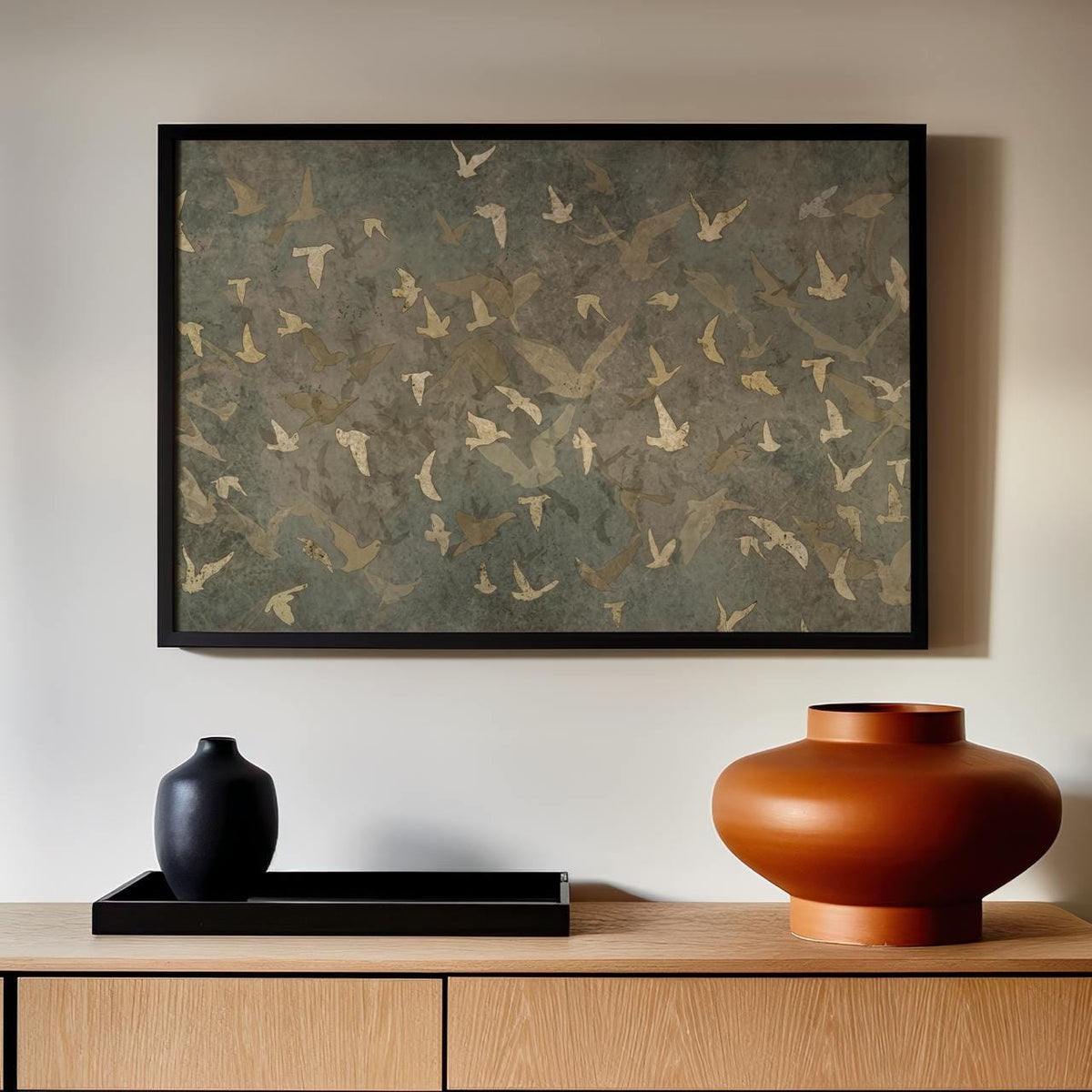 Framed Flock Of Birds Canvas Print, Oversized Minimalist Silhouette Wall Art, Neutral Boho Nature Decor Living Room, ART